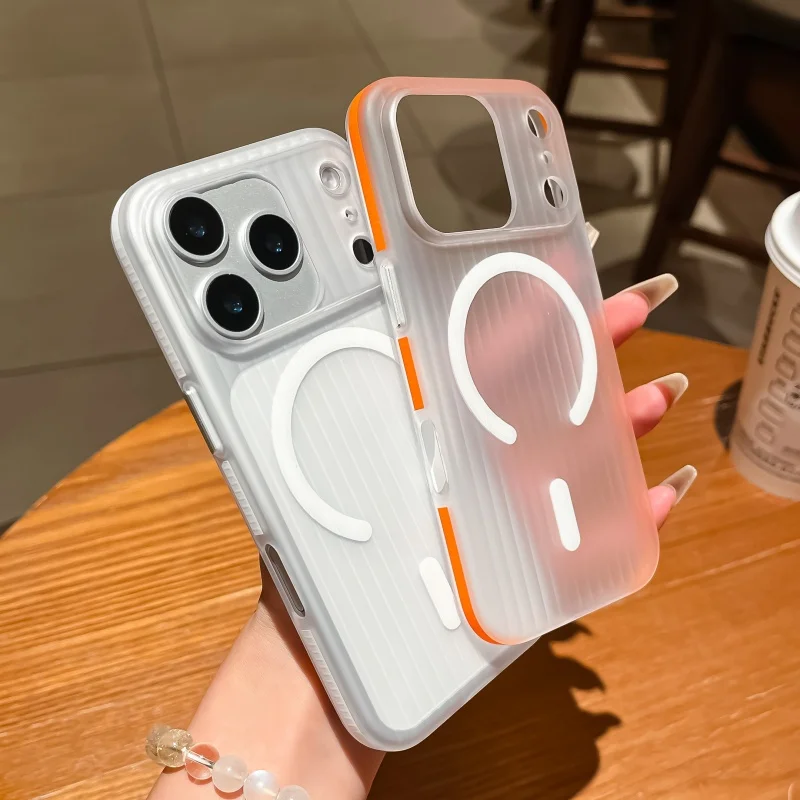 Sleek Frosted Clear Bumper Case with Corrugated Stripes for MagSafe Wireless Charging