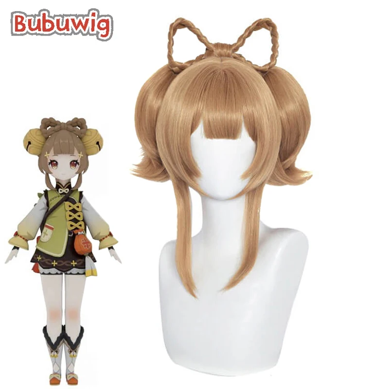 Bubuwig Synthetic Hair Genshin Impact Yaoyao Cosplay Wig Women 40cm Long Brown Braided Bow Ponytail Wigs Heat Resistant