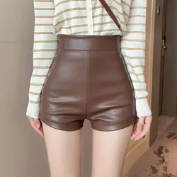 PU Leather High Waisted Shorts Women Slim Skinny Shorts Bottom Tight Bag Hip Goth Female Y2k Hot Short Pants