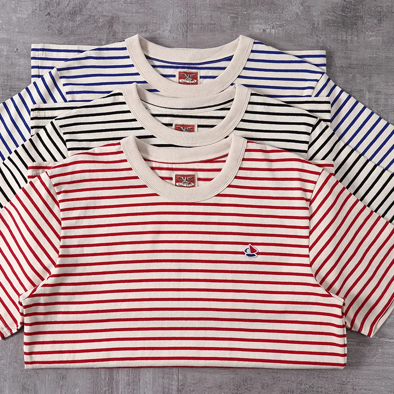 

Летняя Тяжелая футболка в японском ретро стиле с коротким рукавом в морскую полоску мужская мода 100% хлопок с круглым вырезом потертые старые повседневные топы