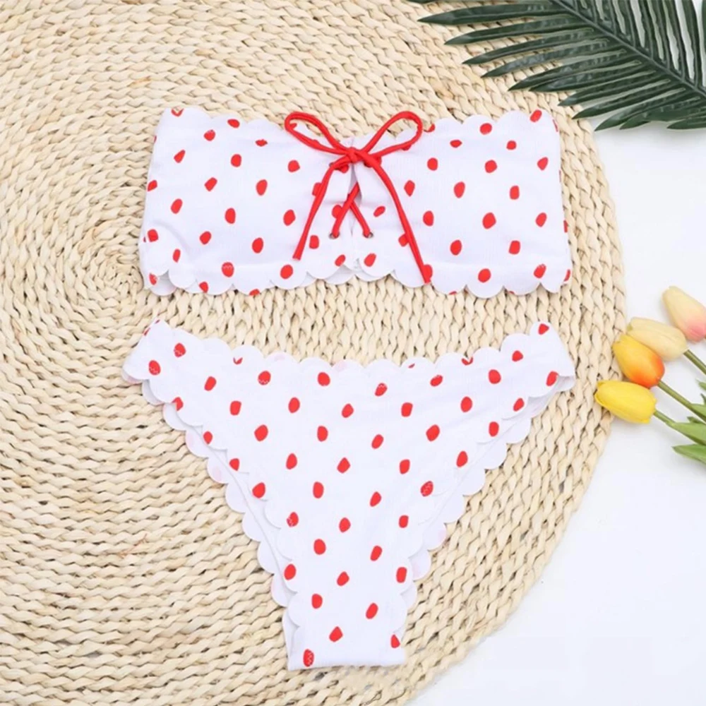 Polka-Dot Lace Up Bikinis 2024 Casual Holiday New Split Top Swimsuit for Women Summer Retro Polka Dot Sexy Bra Swimwear Outfits