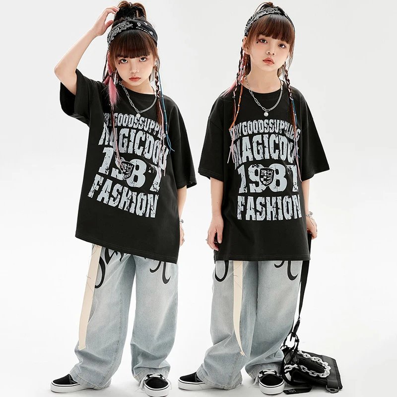 

2023 Children Jazz Modern Dance Rave Clothes Black T-Shirt Loose Pants Suit Streetwear For Girls Hip Hop Dance Costumes DQS13328