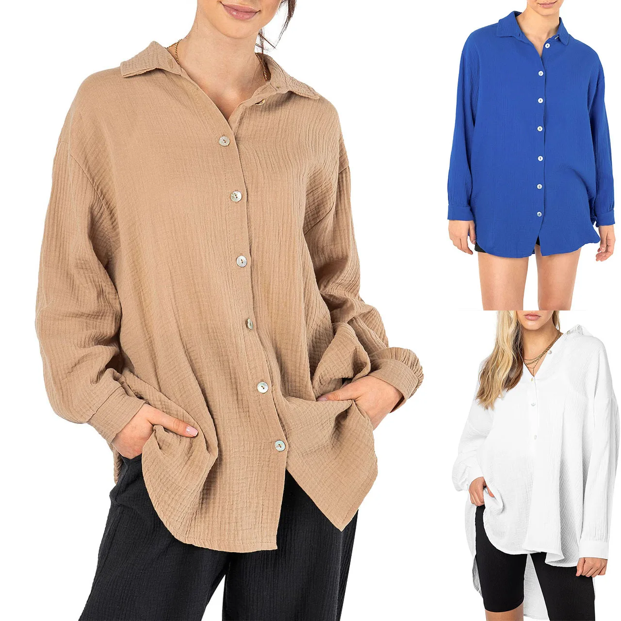 

Vintage Linen Cotton Shirt European and American V-neck Buckle Solid Bubble Wrinkled Loose Sleeved Lapel Casual Shirt Top