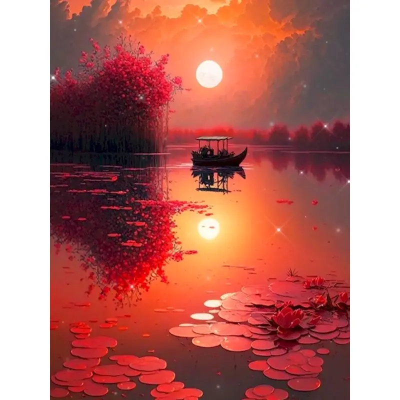 CHENISTORY 5d Diamond Embroidery Cross Stitch Sunset Lake Boat Scenery Diy  Square Diamond Painting Mosaic Art Living Room Decor - AliExpress