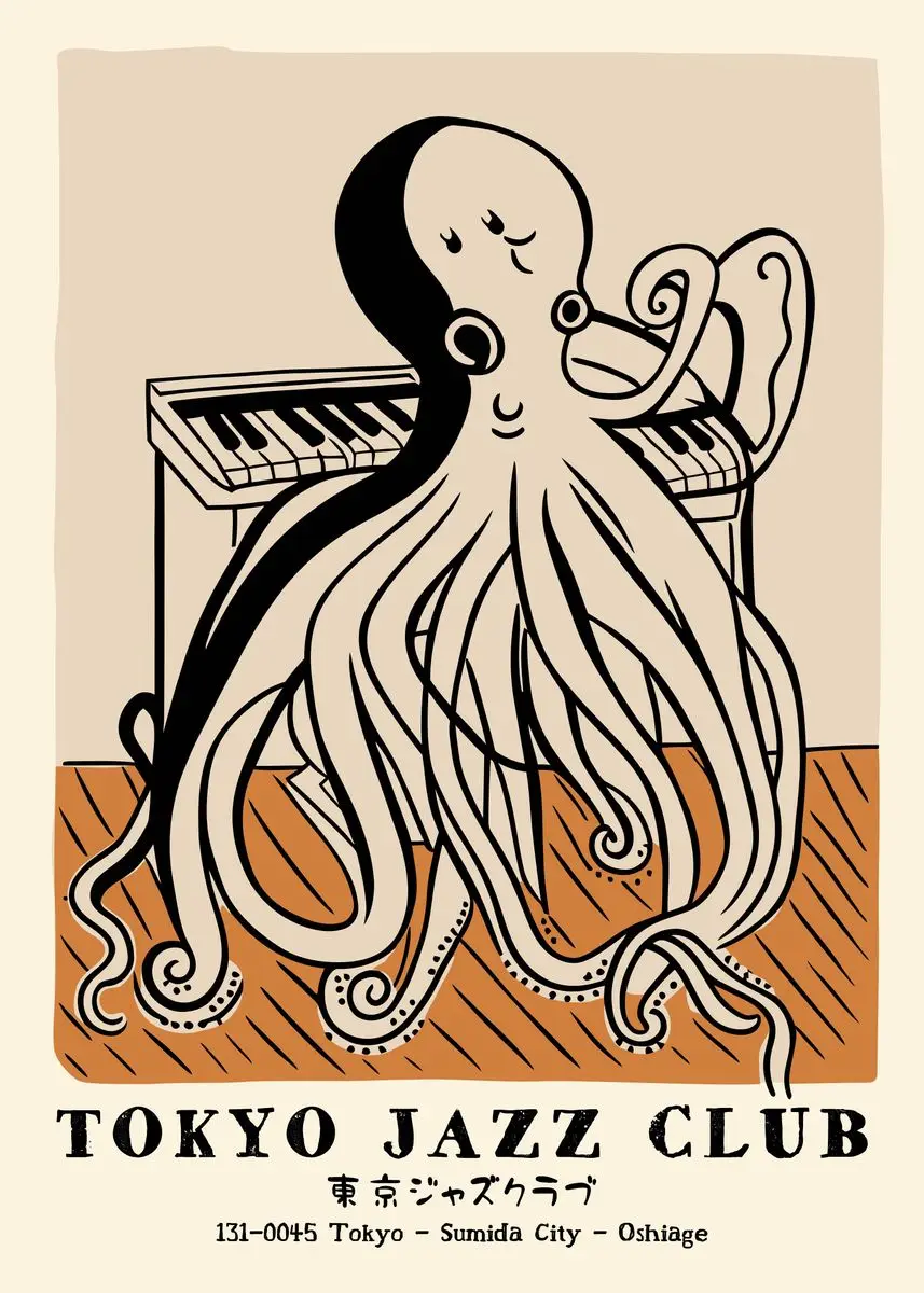 thumbnail image 1 of Pósteres e impresiones de lienzo con diseño de pez koi abstracto, pulpo, jazz, Tokio, estética japonesa, arte de pared para decoración de sala de estar, 1 of 5