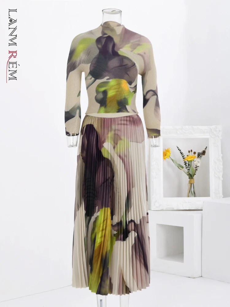 

LANMREM Fashion Printing Pleated 2 Pieces Set Women Long Sleeves T-shirt High Waist A-line Skirt 2024 Autumn New Clothing 32C124