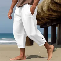 Pantalon en lin élégant pour homme 2026 avec boucle de manchette, blanc uni, longueur cheville, grande taille, décontracté, avec cordon de serrage 4