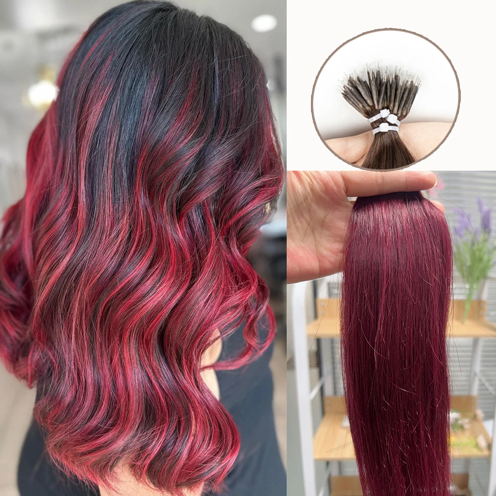 Nano Ring Hair Extensions Human Hair 12-20inch 30g Wine Red Micro Beads Hair Extensions Human Hair Nano Loop Hair Extensions