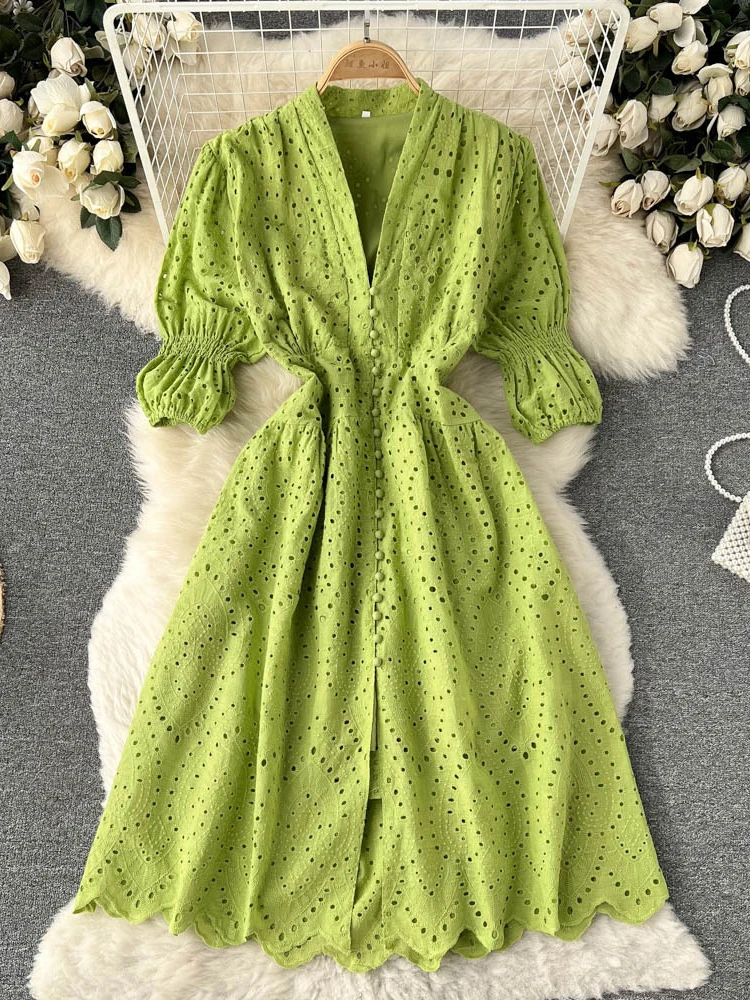 

New Women Elegant Hollow Out Dress Spring Summer French Vintage Midi Dresses Fashion Korean V-neck Single Breasted Dress