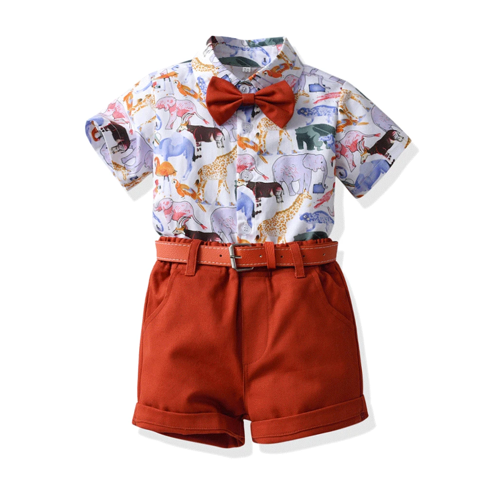 

Модный комплект одежды для мальчиков джентльмена рубашка с коротким рукавом и шорты с ремнем и мультяшными животными динозаврами комплект из двух предметов