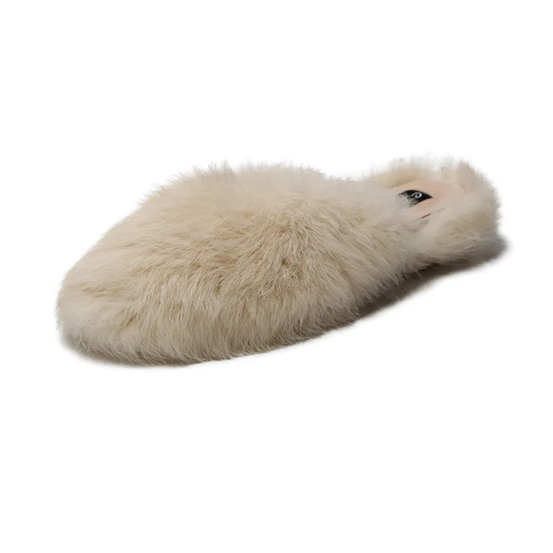2023 Autumn Winter Rabbit Hair Korean New Baotou Flat Bottom Slippers Popular Same Style Outwear Fur Half Slippers for Women
