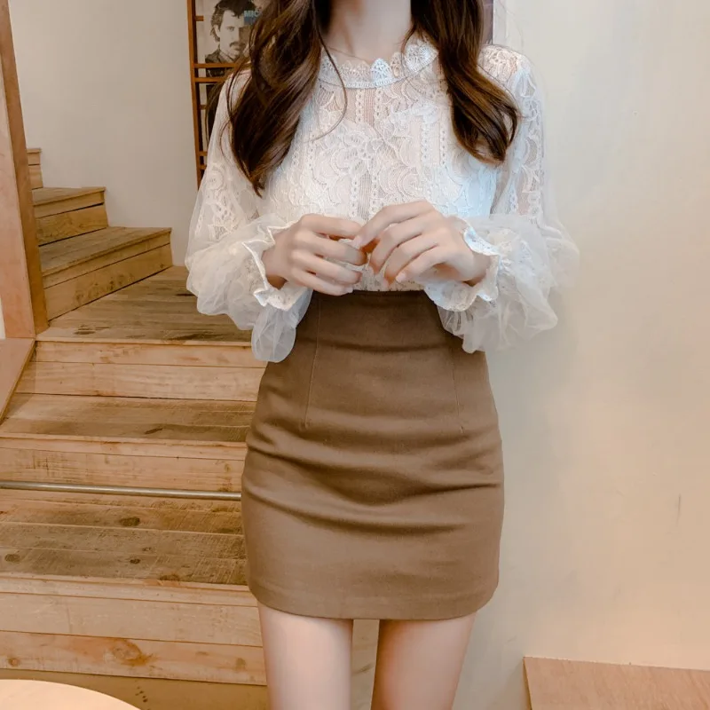 용수철 여성용 화이트 레이스 블라우스 셔츠, 긴팔 블라우스, 할로우 아웃 셔츠, 여성 블라우스 상의