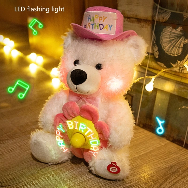 77HD Interactive Singing Bear Plush Toy for Kids LED Musical Stuffed Animal for Girlfriend Birthday Valentines Day Gift