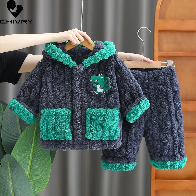 New 2023 Kids Autumn Winter Clothing Sets Baby Thicken Warm Soft Flannel Pajamas Boys Cartoon Dinosaur Hooded Sleepwear Pyjamas