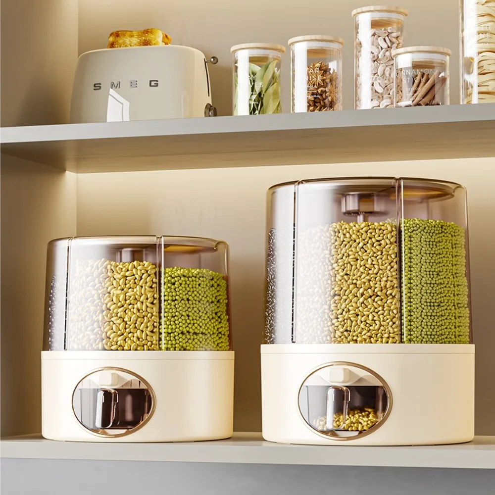 360 &deg; Degree Rotating Grain Dispenser Box 6-in-1 Rice Dispenser Food Container Sealed Insect and Moisture Proof Rice Storage Box