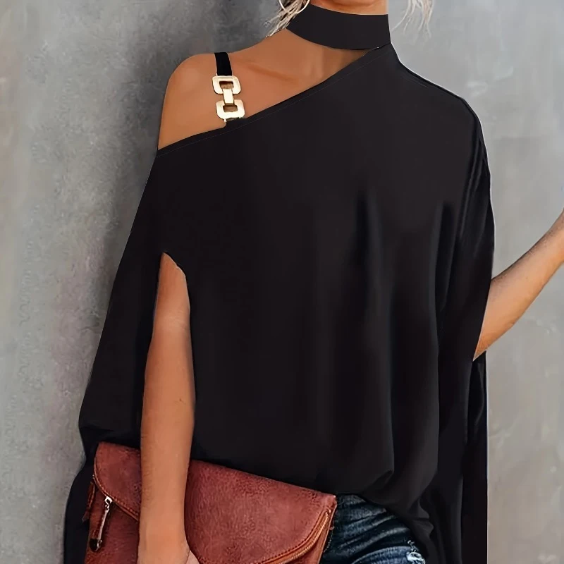 

Office Lady Tops Solid Black Loose Clothes Sexy Skew Collar Off Shoulder Shirt Summer New Short Sleeve Blouse Women Blusas 28583