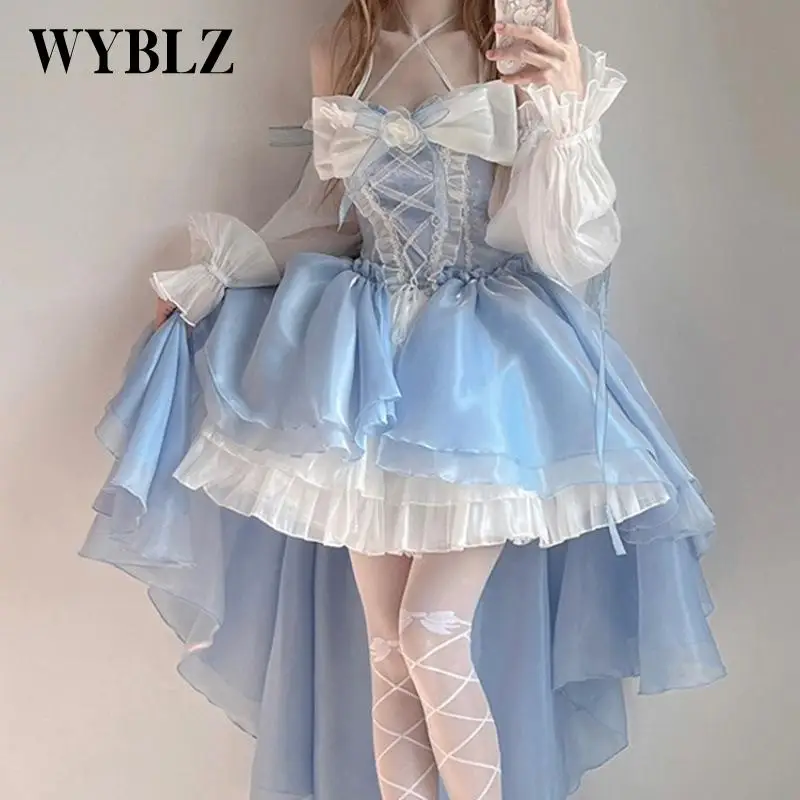 

Lolita Dress Women French Romantic Style Elegant Girl Cosplay Princess Puff Sleeve Ribbon Bowknot Flower Tunic Mesh Fairy Dress