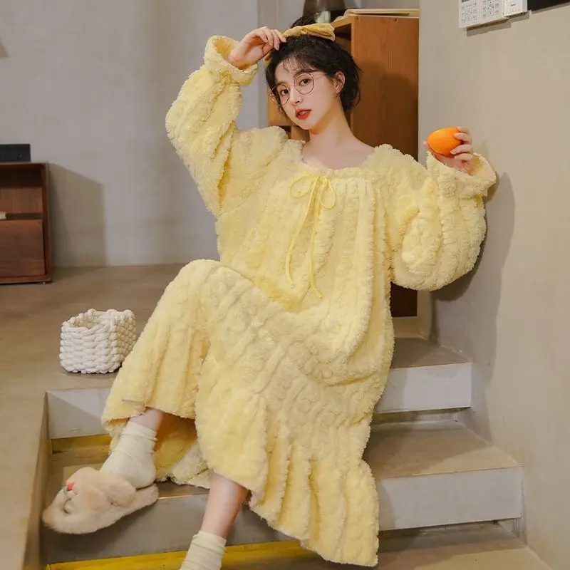 

Fleece Nightgown Sleepwear Womens Korean Style Ruffles Night Dress One Piece Pajamas Winter Long Sleeve Solid Home Wear New