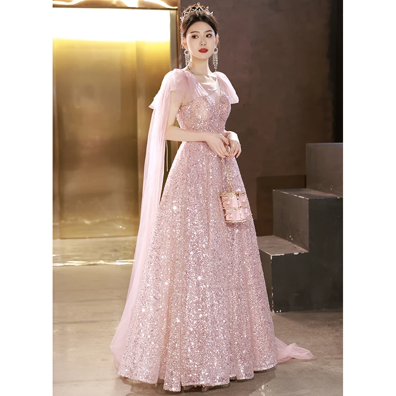 

Shiny Pink Sequin Evening Dresses For Engagement Party Floor-Length Long Women Formal Wedding Party Gowns