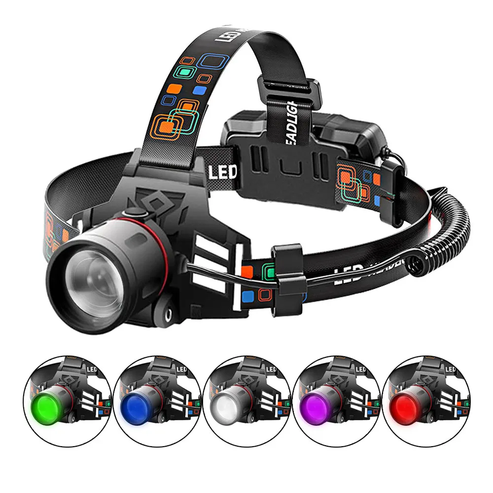 LED Headlamp 3-Mode Zoomable Headlight 18650 Head Torch Fishing Light Camping Red Hunting Flashlight Blue 395nm UV Green White head flashlight cob headlamp