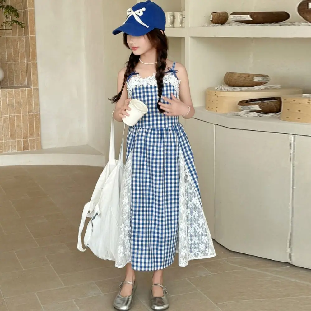 Fashion Plaid Girl Princess Dress Lace Mesh Sweet Teens Sling Dress Loose Skirt Children Sleeveless Dresses Beach