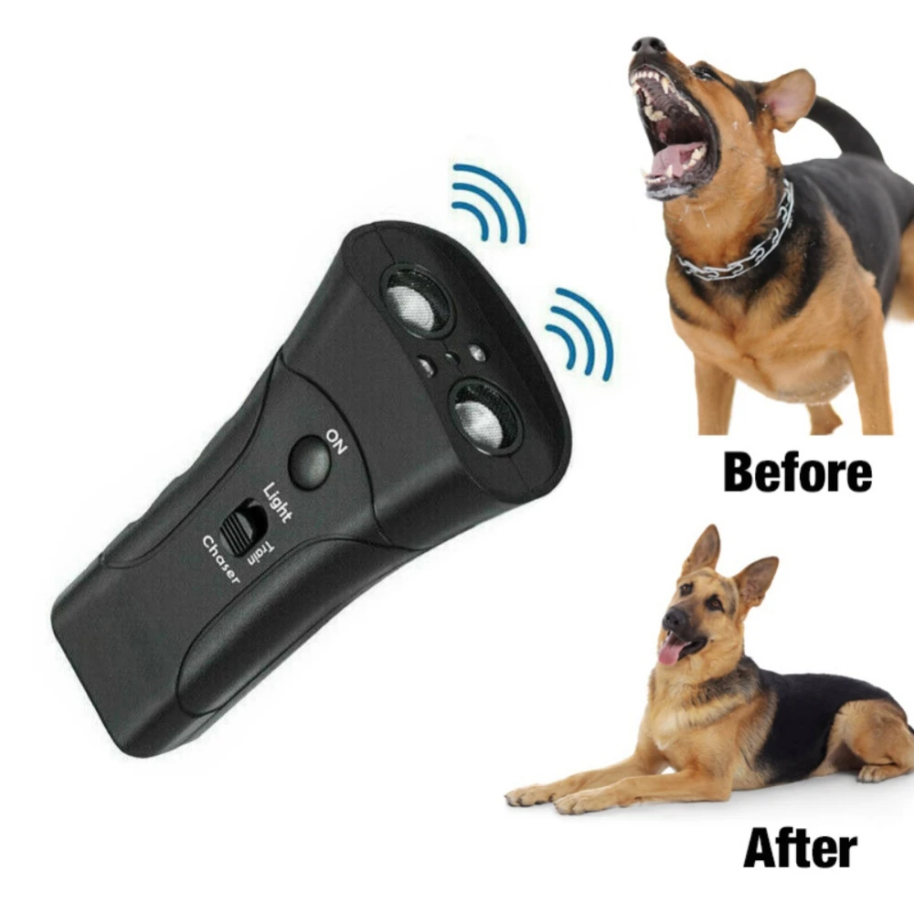 

Pet Anti Dog Barking Pet Trainer LED Light Ultrasonic Gentle Chase Training Double Head Trumpet Pet Dog Repeller without Battery
