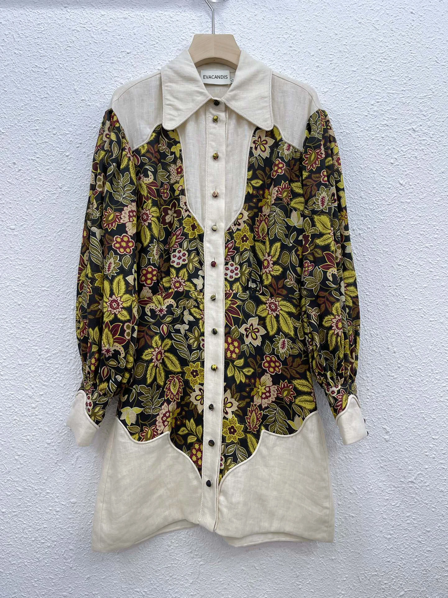 

100% Linen Long Lantern Sleeve Mini Dress 2024 Women New Turn-down Collar Floral Printing High Quality Vintage Elegant Chic