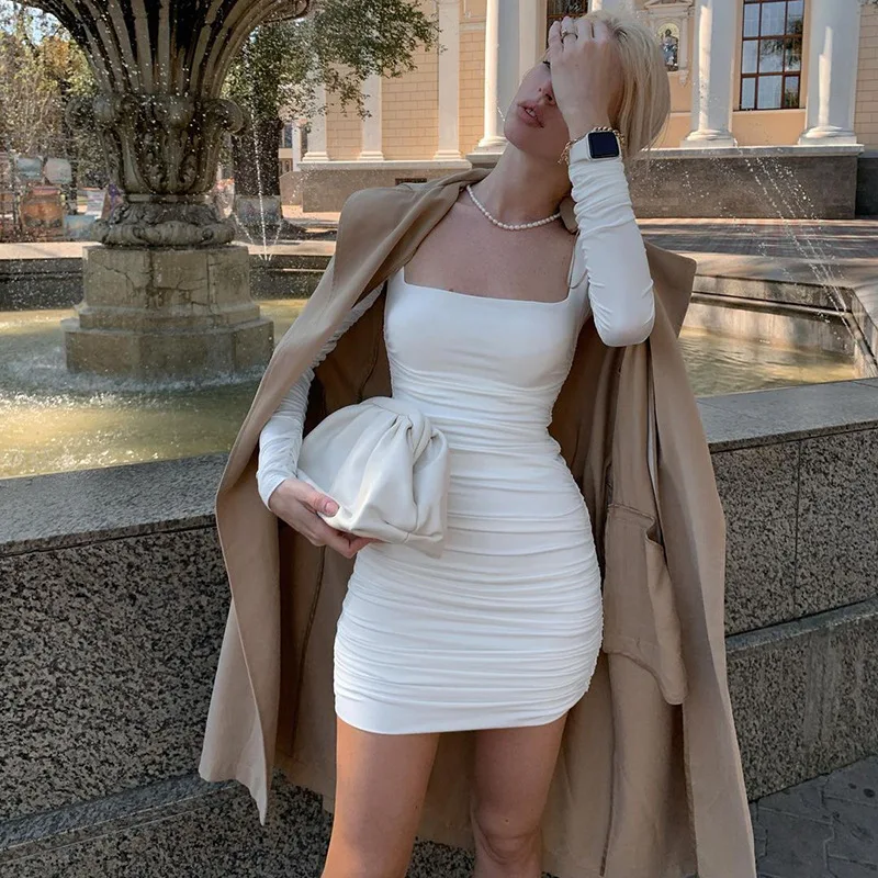 

White Long Sleeve Mini Dress Women Fashion Square Neck Ruched Short Dress Autumn Winter Elegant Sexy Bodycon Club Party Outfits