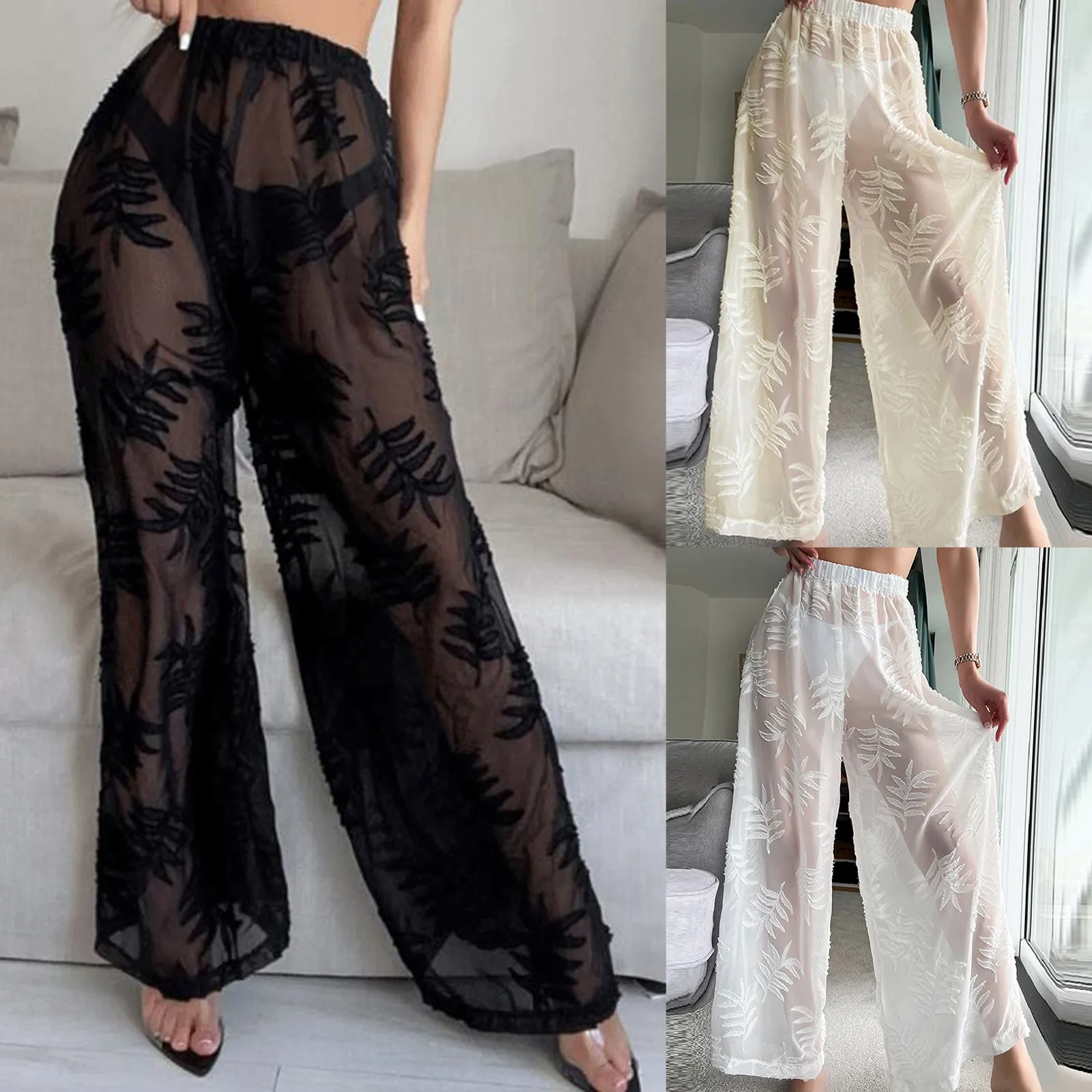 

Summer Mesh See-through High Waist Beach Pants Cover Up Women Lace Crochet Loose Pants Hollow Out Swimwear Cover Up Pants