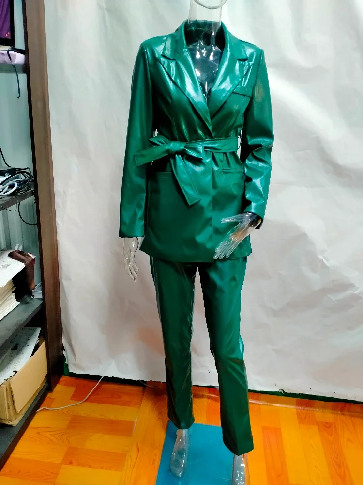 Business Casual Two Piece Set Turndown Collar Long Sleeve Pocket PU Leather 2 Piece Outfits Faux Leather Matching Set with Belt 3