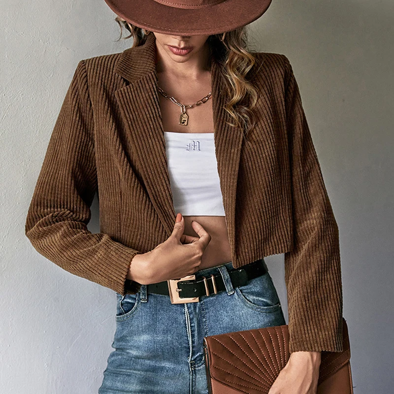 Woman Brown Short Jackets Corduroy Knit Cropped Shirt Long Sleeve Cardigans Autumn Winter Thermal Jacket Coat Tops for Women
