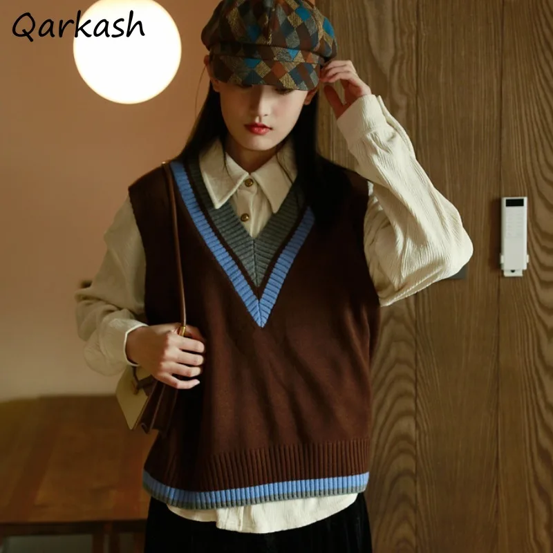 

Свитер-жилет женский с V-образным вырезом, вязаный винтажный свободный джемпер в стиле преппи с Боковым Разрезом и вставками, универсальная нежная верхняя одежда в стиле Харадзюку для молодых женщин