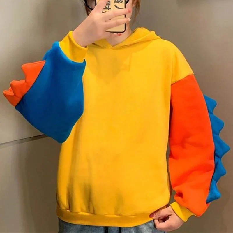 Women's Autumn Winter Sweet Cute Dinosaur Velvet Cashmere Hooded Hoodies 2023 Female Sweatshirts Pullover New Personality Jumper