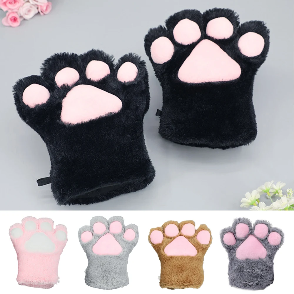 

Cute Cat Claw Winter Warm Plush Gloves Cat Mittens Women Fluffy Bear Half Finger Mittens Fingerless Gloves Costume