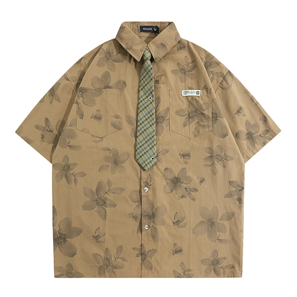 

Turn-down Collar with Tie Flower Printed Shirts Men Summer Preppy Style Men's Shirts 3 Colors