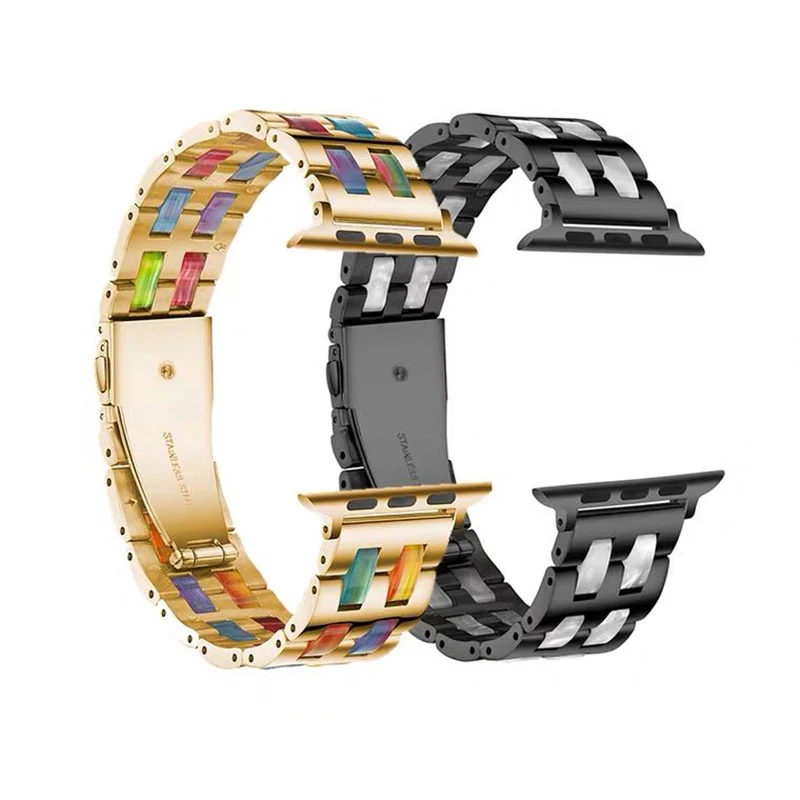 Luxury Resin strap for Apple Watch Band 40mm 44mm 42mm for iWatch 8 7 45mm41mm iwatch 6 5 4 3 SE Bracelet Stainless Steel Strap