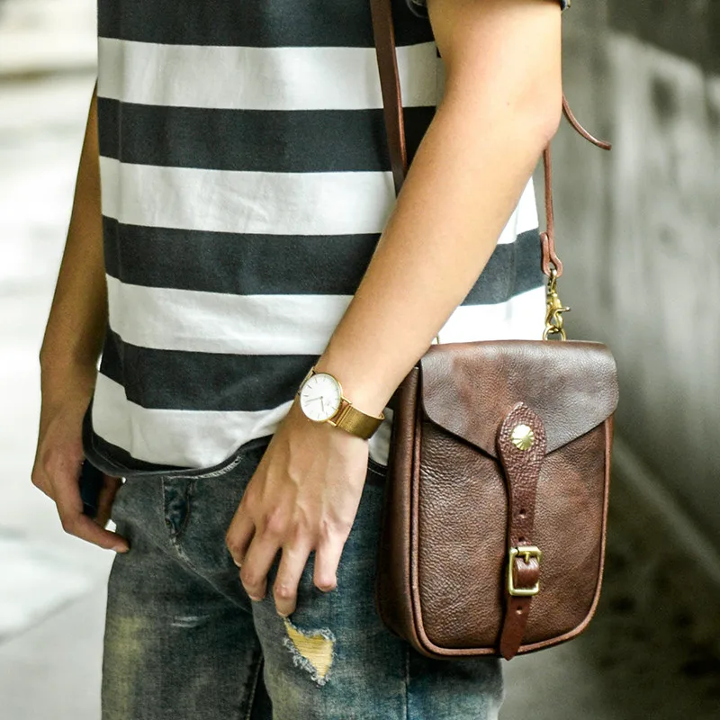 Fashion vintage first layer cowhide men's small mini phone bag casual daily outdoor genuine leather shoulder messenger bag