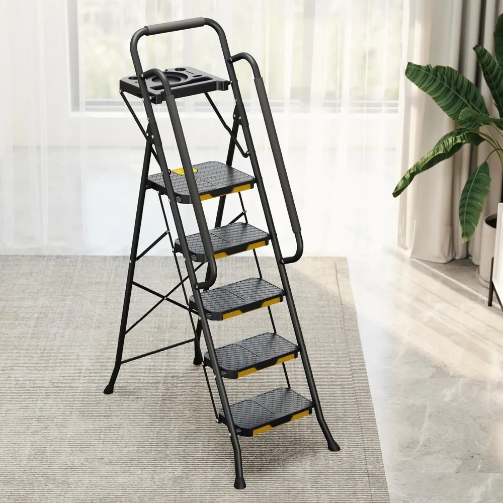 

Folding Step Stool With Handrails 5 Step Ladder With Tool Platform Chair Long Metal Loft Kitchen Furniture Home