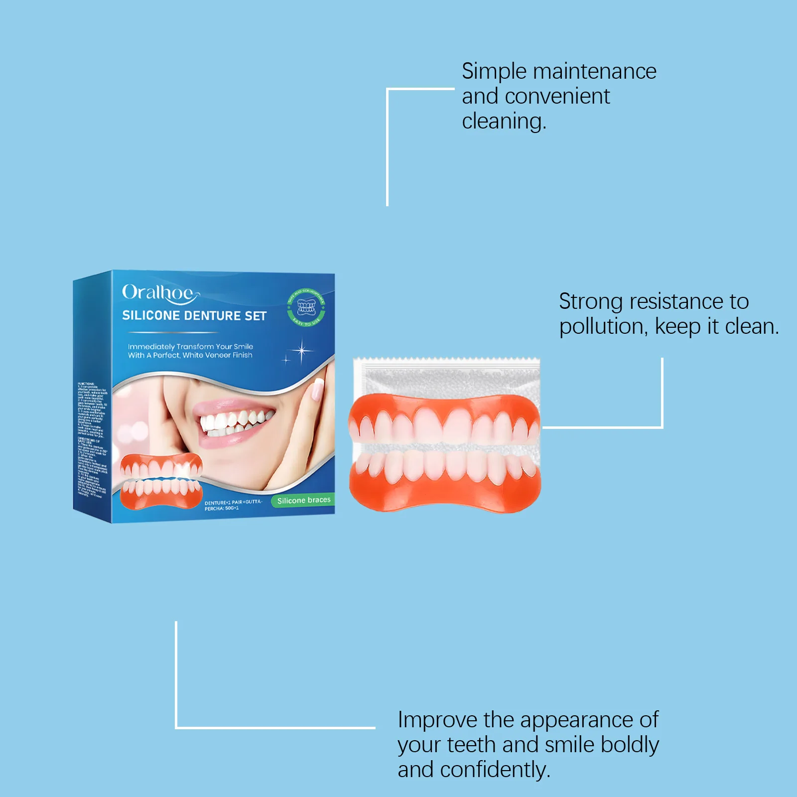 Silicone Denture Set - for dental aesthetics, natural smile, fills in tooth gaps, made of comfortable material