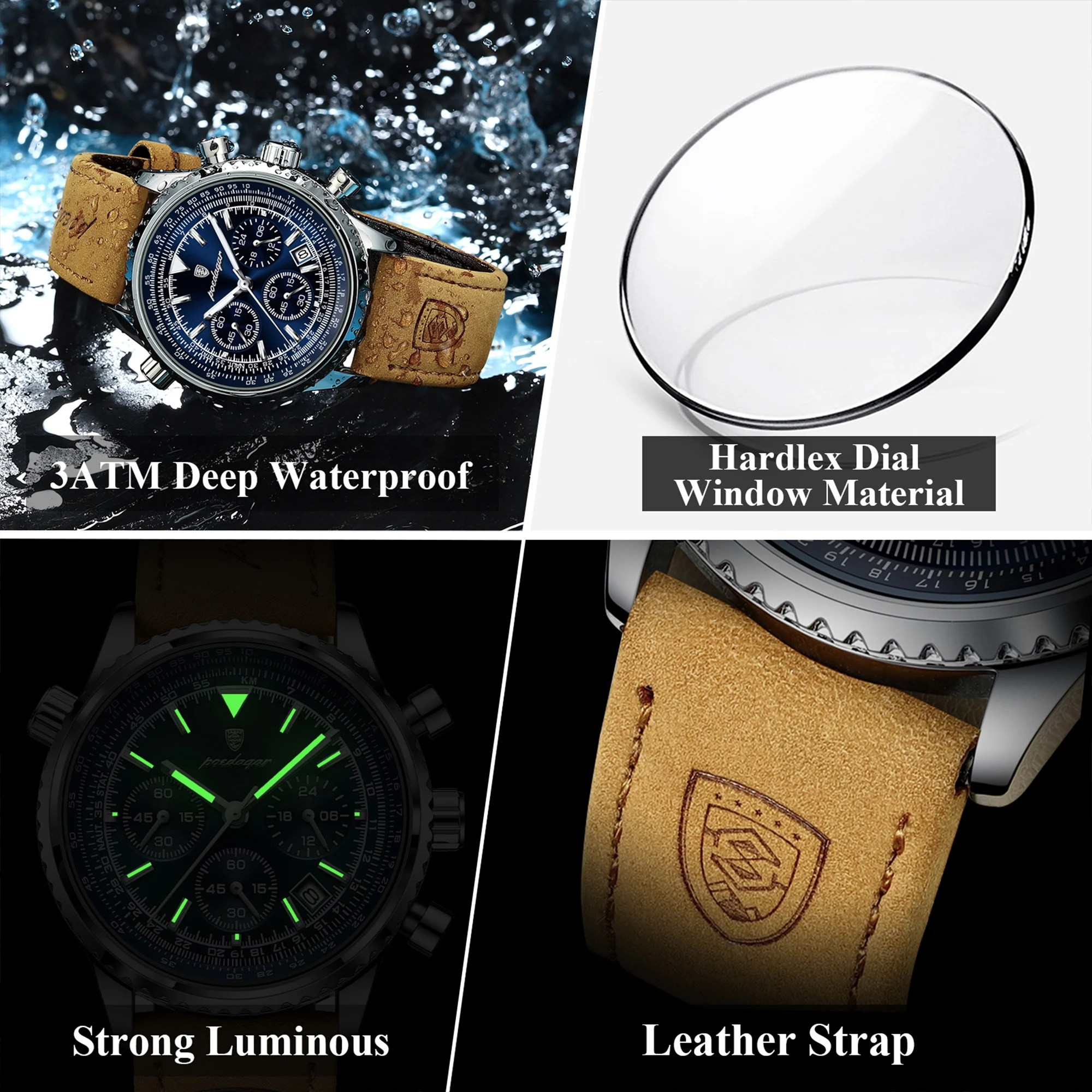 Poedagar Original Men's Clock Chronograph Date Waterproof Luminous Luxury Male Wristwatch Fashion Leather Quartz Watches For Man, Alina Gadgets