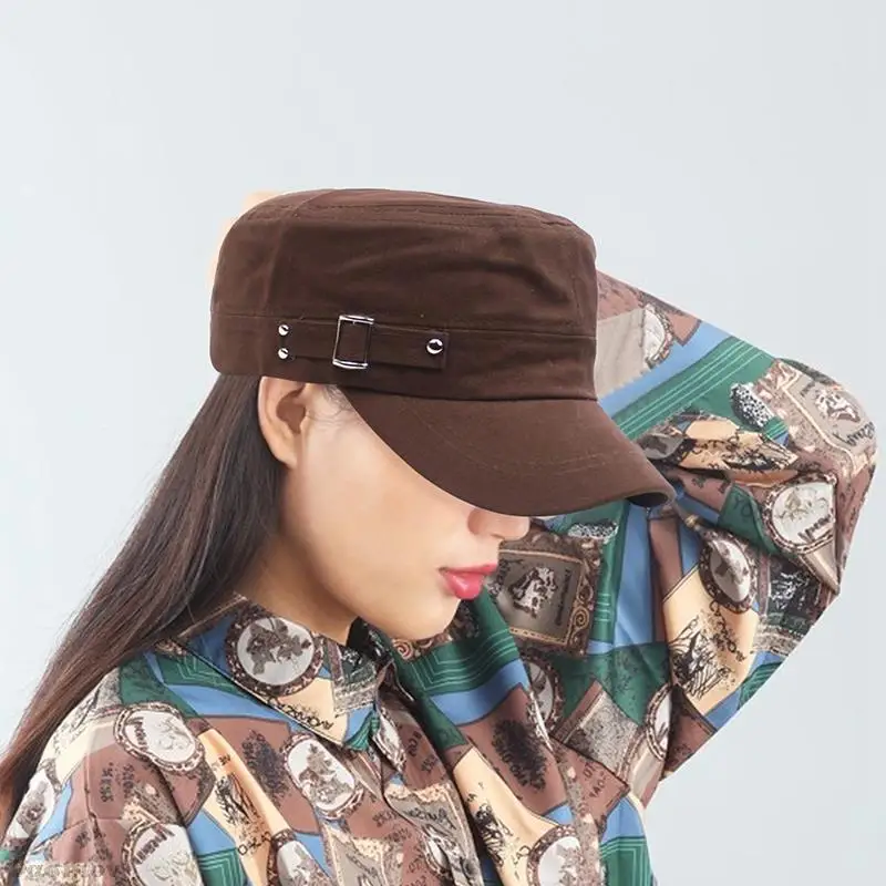 Military Style Cadet Army Cap Men Women Pure Color Washed Cotton Flat Top Cap Summer Autumn Adjustable Visor Hat