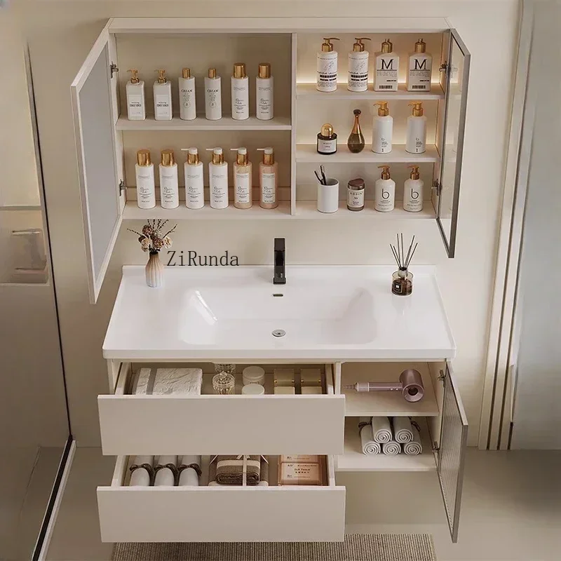 Nordic Luxury Cream Style Smart Bathroom Cabinets Wall-mounted Storage Fog Removal Vanity Combo Fashion Simple Furniture FYBC