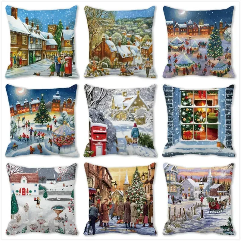 

Christmas Village Snow Cushion Cover Santa Elk Home Sofa Pillowcase New Year Gift