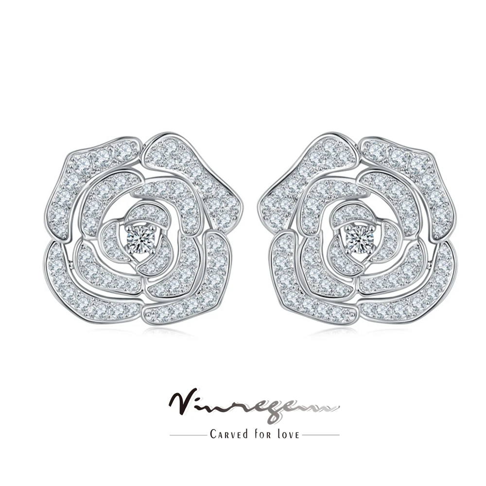 

Vinregem GRA 3EX VVS D Color Moissanite Full Diamonds Gemstone Rose Flower Studs Earrings for Women 925 Sterling Silver Jewelry
