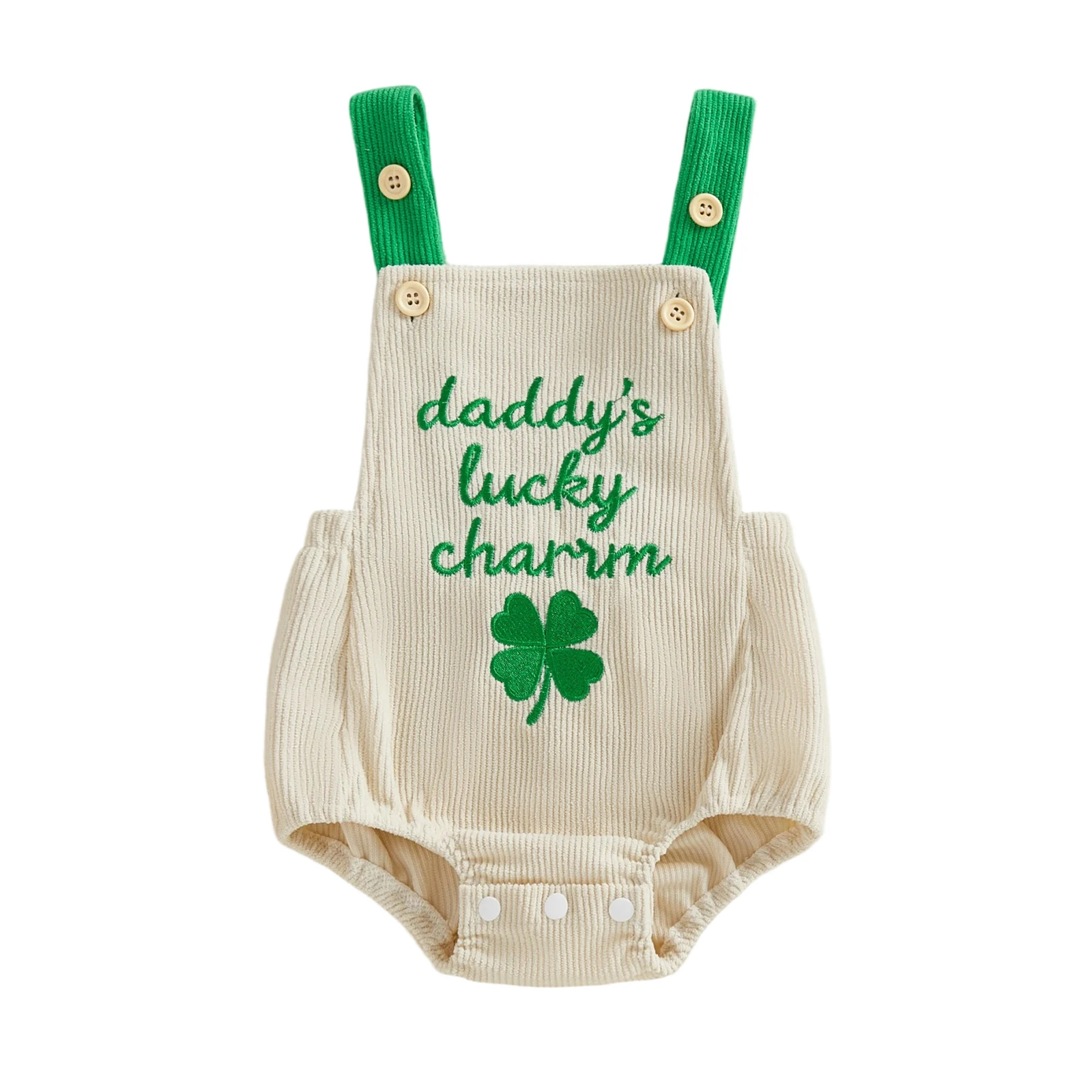 Infant Girls St Patrick s Day Jumpsuit Sleeveless Shamrock Embroidery Ribbed Overalls with Ruffle Trim