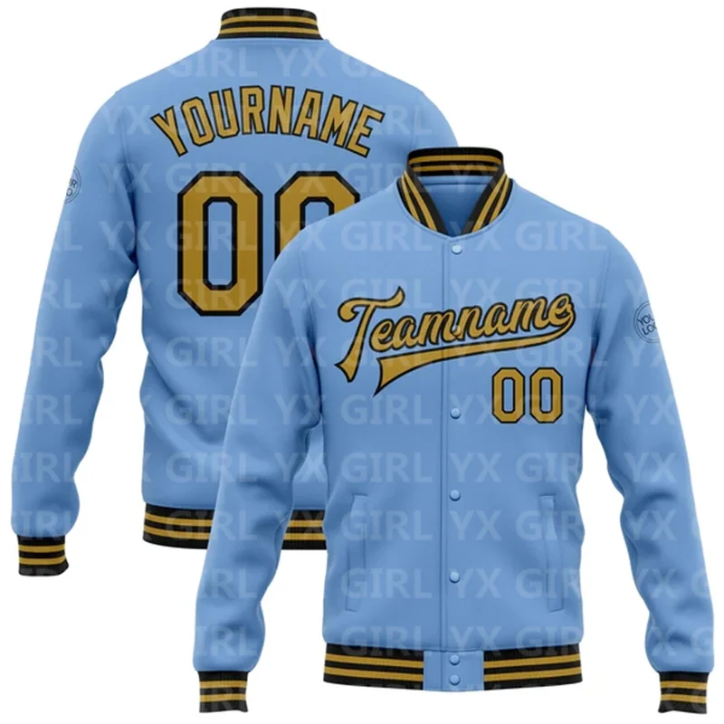 Custom Light Blue Old Gold-Black Bomber Full-Snap Varsity Letterman Jacket 3D Printed Baseball Button Jacket light blue summer sun hat dinosaur printing baseball baby cartoon peaked for kid child suitable for 1 6 years old 48 52cm