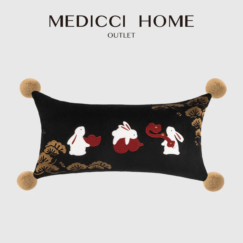 

Medicci Home Relaxed Rabbits Applique Embroidered Lumbar Pillow Cover Luxury Silk Velvet Cushion Case 30x60cm For Sofa Couch Bed