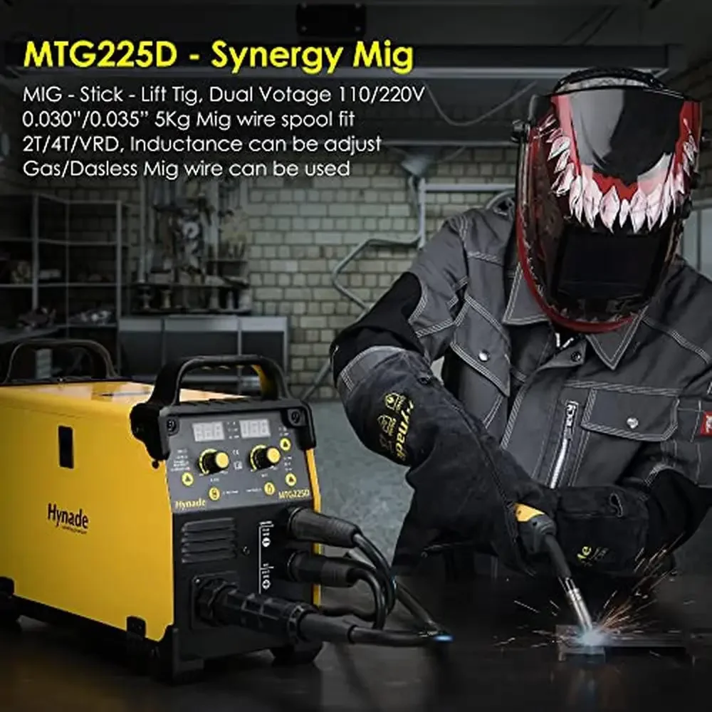 3-in-1 Multiprocess Welder 225A Mig/Lift Tig/Stick Welder Dual Voltage 110/220V Gas/Gasless Synergic Function Auto Compensation 2