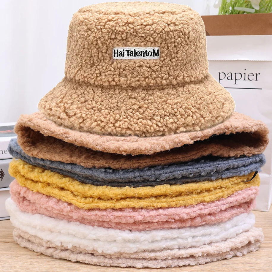

Autumn Winter Faux Fur Bucket Hat Plush Warm Fisherman Hat Outdoor Windproof Panama Bowl Hats Street Cold -proof Cap Women Hats