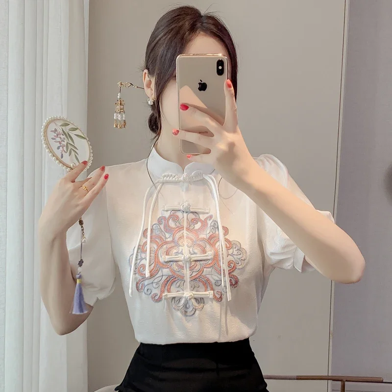 

Шифоновая женская рубашка с вышивкой, летние женские блузки в китайском стиле, свободные винтажные Топы с коротким рукавом, модная одежда YCMYUNYAN